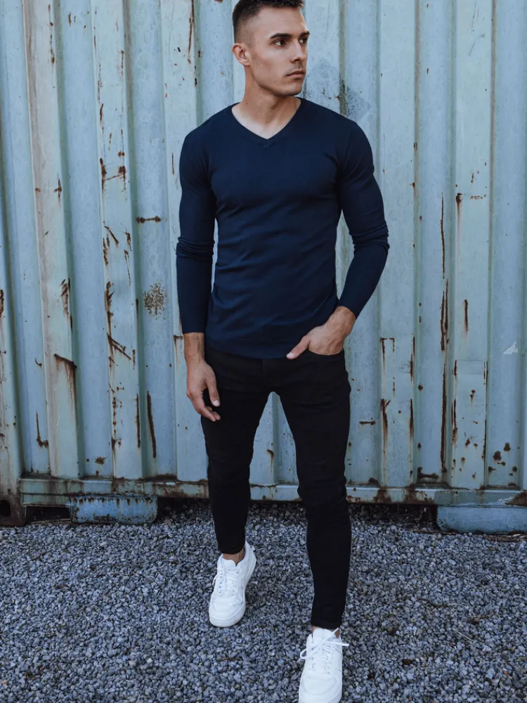 Swetry Męskie>Dstreet Sweter męski gładki w serek granatowy WX2220