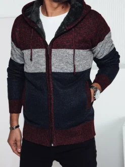 Swetry Męskie>Dstreet Sweter męski ocieplany z kapturem bordowy WX2275