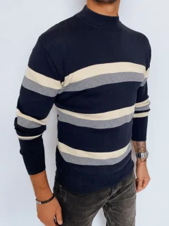 Swetry Męskie>Dstreet Sweter męski półgolf w paski granatowy WX2126