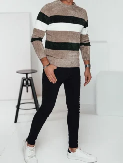 Swetry Męskie>Dstreet Sweter męski w paski brązowy WX2242