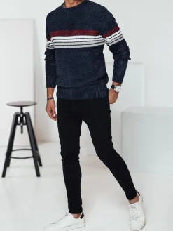 Swetry Męskie>Dstreet Sweter męski w paski granatowy WX2281