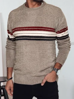 Swetry Męskie>Dstreet Sweter męski w paski jasnobrązowy WX2282