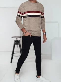 Swetry Męskie>Dstreet Sweter męski w paski jasnobrązowy WX2282