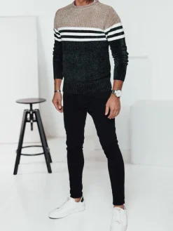 Swetry Męskie>Dstreet Sweter męski w paski zielony WX2231