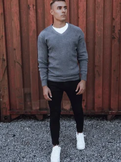 Swetry Męskie>Dstreet Sweter męski w serek ciemnoszary WX2200