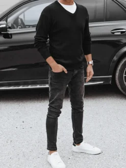 Swetry Męskie>Dstreet Sweter męski w serek czarny WX2203