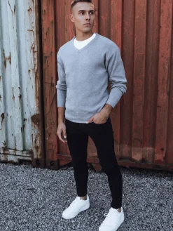 Swetry Męskie>Dstreet Sweter męski w serek jasnoszary WX2201