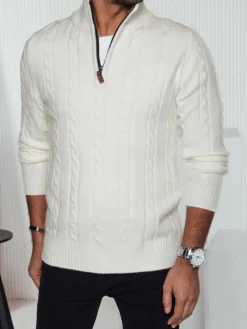 Swetry Męskie>Dstreet Sweter męski z rozpinanym kołnierzem biały WX2266