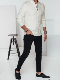 Swetry Męskie>Dstreet Sweter męski z rozpinanym kołnierzem biały WX2266