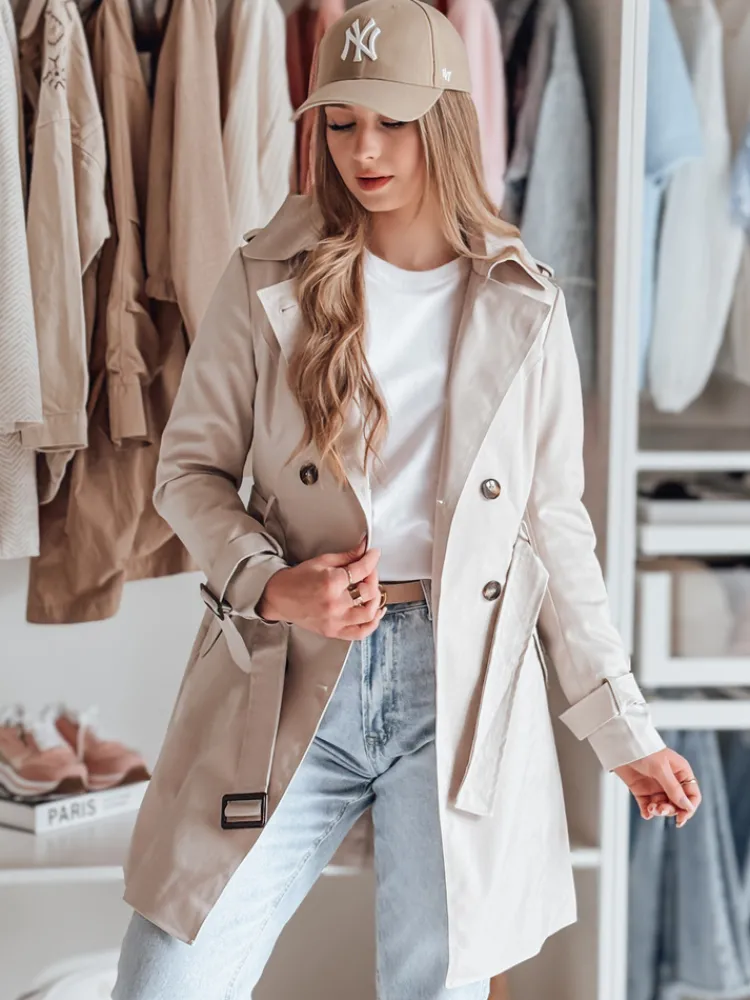 Płaszcze Damskie>Dstreet Trencz damski dwurzędowy z paskiem BELISION biały NY0748