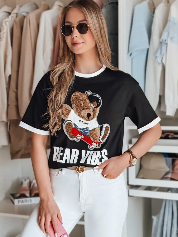 T-Shirty Damskie>Dstreet T-shirt damski oversize z haftem misia MISIONISTA czarny RY2851