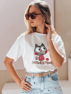 T-Shirty Damskie>Dstreet T-shirt damski oversize z kotkiem CUTE KITTEN biały RY2903