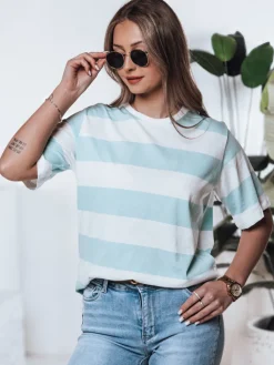 T-Shirty Damskie>Dstreet T-shirt damski w paski ALMIN turkusowy RY2562