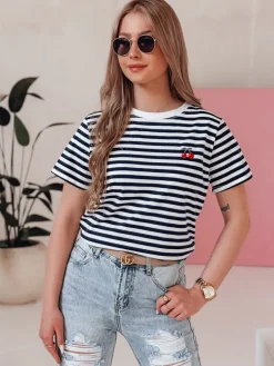 T-Shirty Damskie>Dstreet T-shirt damski w paski MARINESSI granatowy RY2896