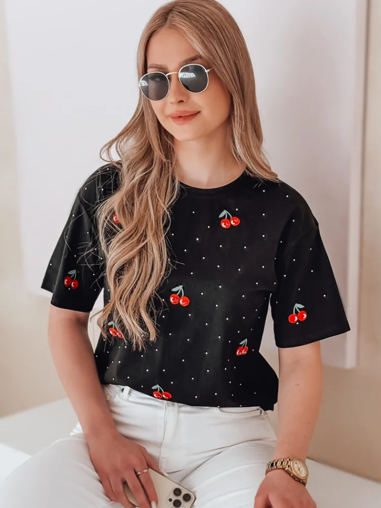 T-Shirty Damskie>Dstreet T-shirt damski w wiśnie FRUTTIKA czarny RY2891