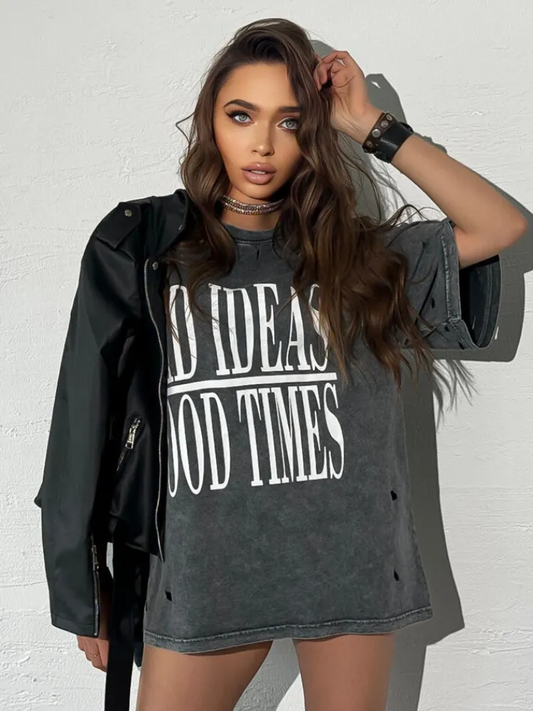 T-Shirty Damskie>Dstreet T-shirt damski z nadrukiem HAYATOUS grafitowy RY2637