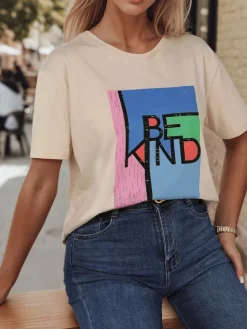 T-Shirty Damskie>Dstreet T-shirt damski z nadrukiem KINDBE brzoskwiniowy RY2615