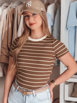 T-Shirty Damskie>Dstreet T-shirt damskie basic w paski LINESS brązowy RY2810