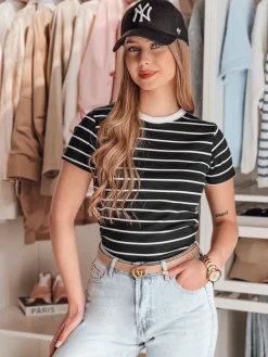 T-Shirty Damskie>Dstreet T-shirt damskie basic w paski LINESS czarny RY2817