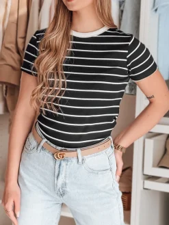 T-Shirty Damskie>Dstreet T-shirt damskie basic w paski LINESS czarny RY2817