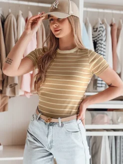 T-Shirty Damskie>Dstreet T-shirt damskie basic w paski LINESS kamelowy RY2819