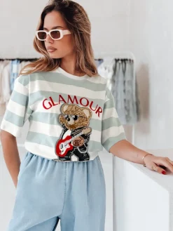 T-Shirty Damskie>Dstreet T-shirt damskie oversize w paski z haftem STRIPROCK j.niebieski RY2870