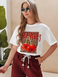 T-Shirty Damskie>Dstreet T-shirt damskie oversize z wiśniami WISONKA biały RY2876