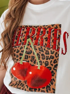T-Shirty Damskie>Dstreet T-shirt damskie oversize z wiśniami WISONKA biały RY2876