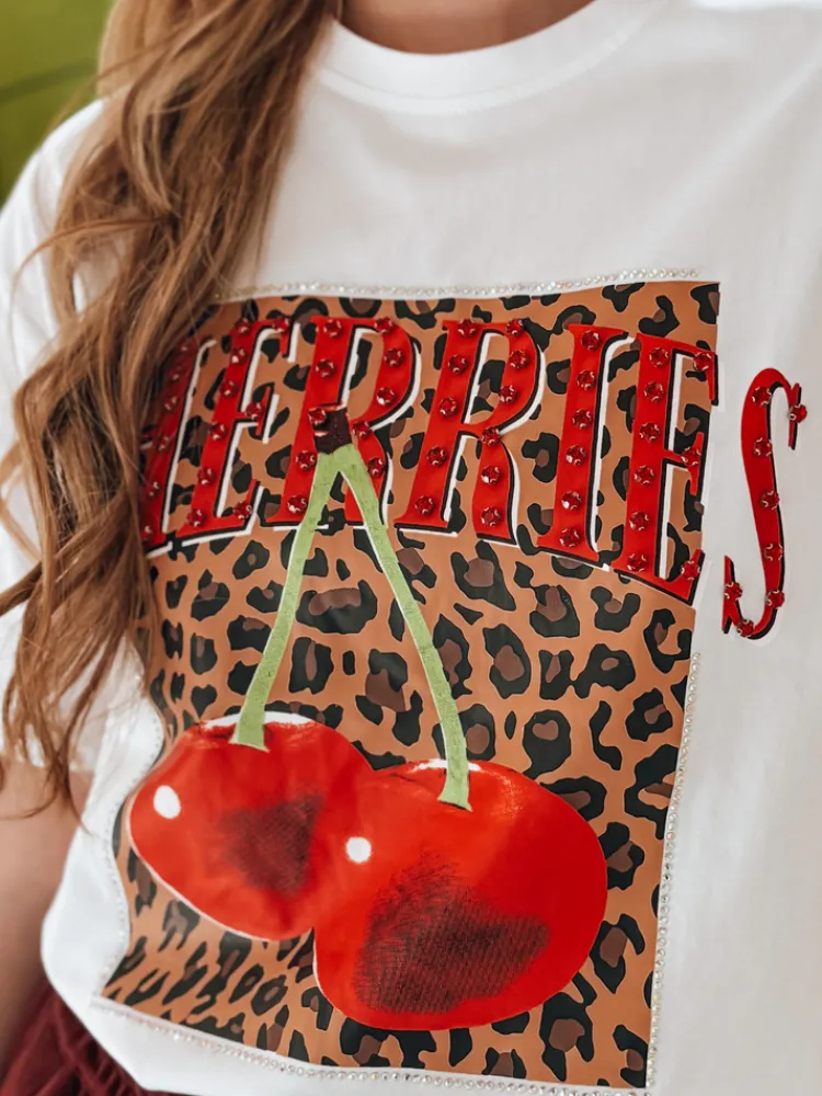 T-Shirty Damskie>Dstreet T-shirt damskie oversize z wiśniami WISONKA biały RY2876