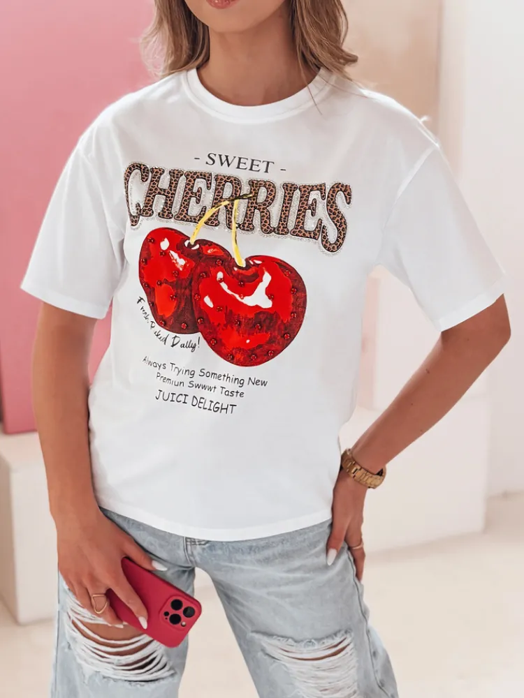 T-Shirty Damskie>Dstreet T-shirt damskie oversize z wiśniami BLINKPOP biały RY2894