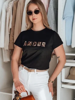 T-Shirty Damskie>Dstreet T-shirt damskie z haftem AMOROSA czarny RY2855