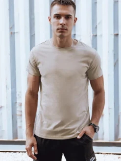 Koszulki Męskie>Dstreet T-shirt męski bez nadruku beżowy RX5610