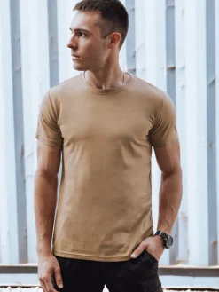 Koszulki Męskie>Dstreet T-shirt męski bez nadruku kamelowy RX5611