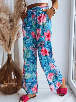 Spodnie Damskie>Dstreet Wzorzyste spodnie damskie FLOWER EXPLOSION turkusowe UY1503