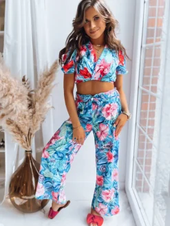 Spodnie Damskie>Dstreet Wzorzyste spodnie damskie FLOWER EXPLOSION turkusowe UY1503